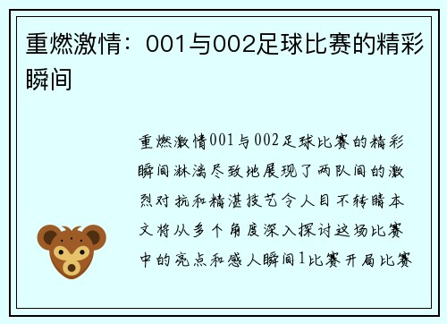 重燃激情：001与002足球比赛的精彩瞬间