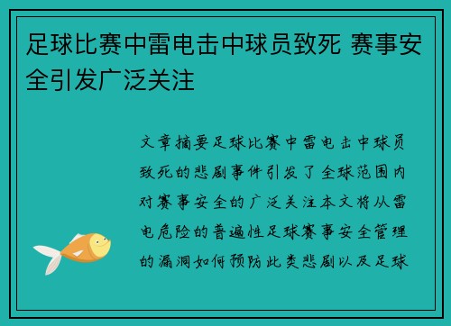 足球比赛中雷电击中球员致死 赛事安全引发广泛关注