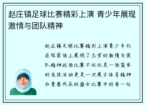 赵庄镇足球比赛精彩上演 青少年展现激情与团队精神