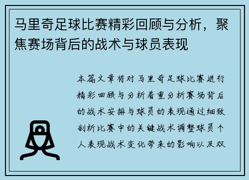 马里奇足球比赛精彩回顾与分析，聚焦赛场背后的战术与球员表现