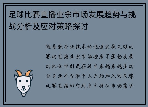 足球比赛直播业余市场发展趋势与挑战分析及应对策略探讨