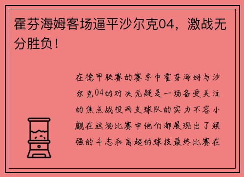 霍芬海姆客场逼平沙尔克04，激战无分胜负！
