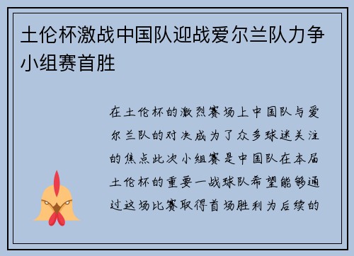 土伦杯激战中国队迎战爱尔兰队力争小组赛首胜