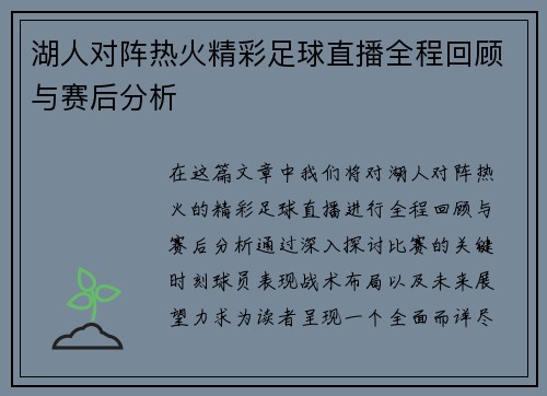 湖人对阵热火精彩足球直播全程回顾与赛后分析