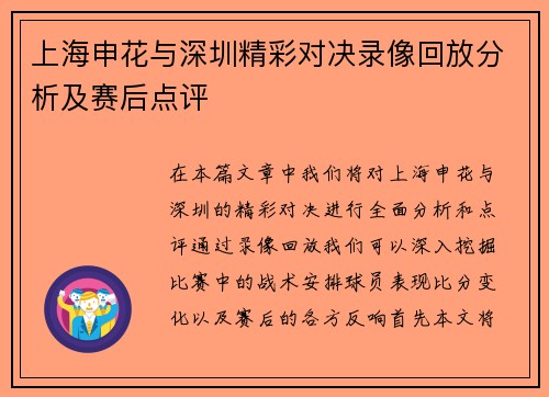 上海申花与深圳精彩对决录像回放分析及赛后点评