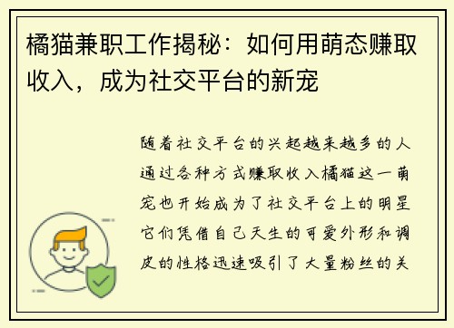 橘猫兼职工作揭秘：如何用萌态赚取收入，成为社交平台的新宠
