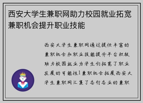 西安大学生兼职网助力校园就业拓宽兼职机会提升职业技能