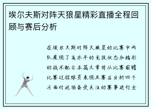 埃尔夫斯对阵天狼星精彩直播全程回顾与赛后分析
