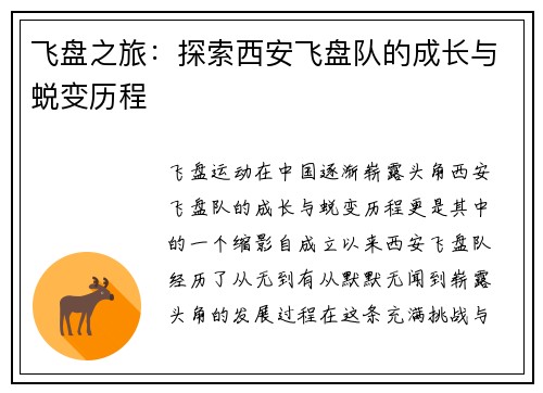 飞盘之旅：探索西安飞盘队的成长与蜕变历程