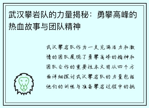 武汉攀岩队的力量揭秘：勇攀高峰的热血故事与团队精神